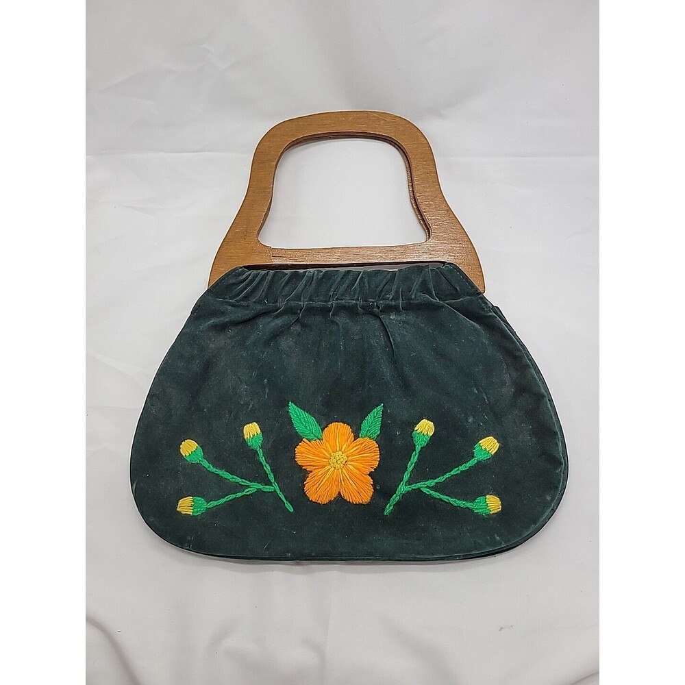 Vintage Holiday Fair Green Canvas Bag Purse Floral Embroidery Wood Handles